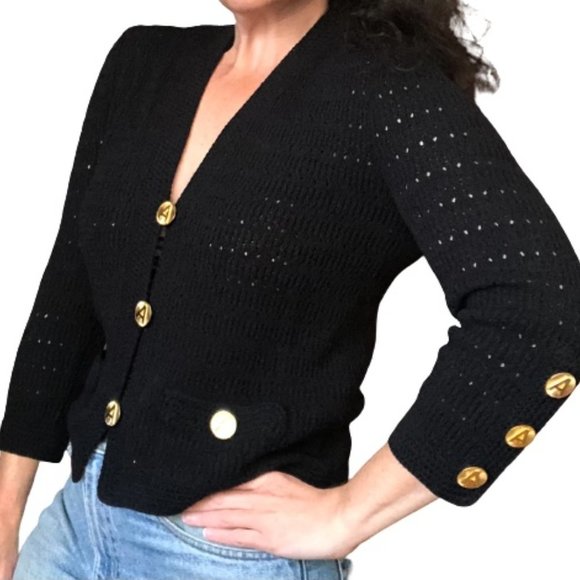 Vtg 70s ADOLFO New York Gold A Button Pointelle Knit ILGWU USA Cardigan Blazer - Picture 2 of 16